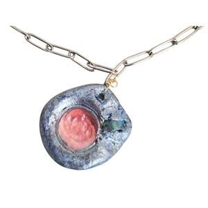 Iridescent Pearl Blue Pink Air Dry Crown Stamped Paper Clip Chain Necklace